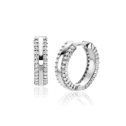 Outlet Zinzi 16 mm zilveren luxe oorringen met klapsluiting, bezet met witte zirconia's ZIO2445