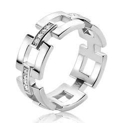 New Zinzi Mart Visser by zilveren schakel ring 8mm breed en vierkante schakels, bezet met witte zirkonia's MVR27