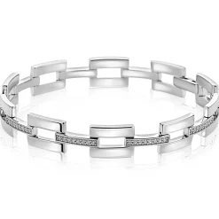 Zinzi Mart Visser by zilveren schakel armband 9mm met rechthoekige schakels, bezet met witte zirkonia's MVA27