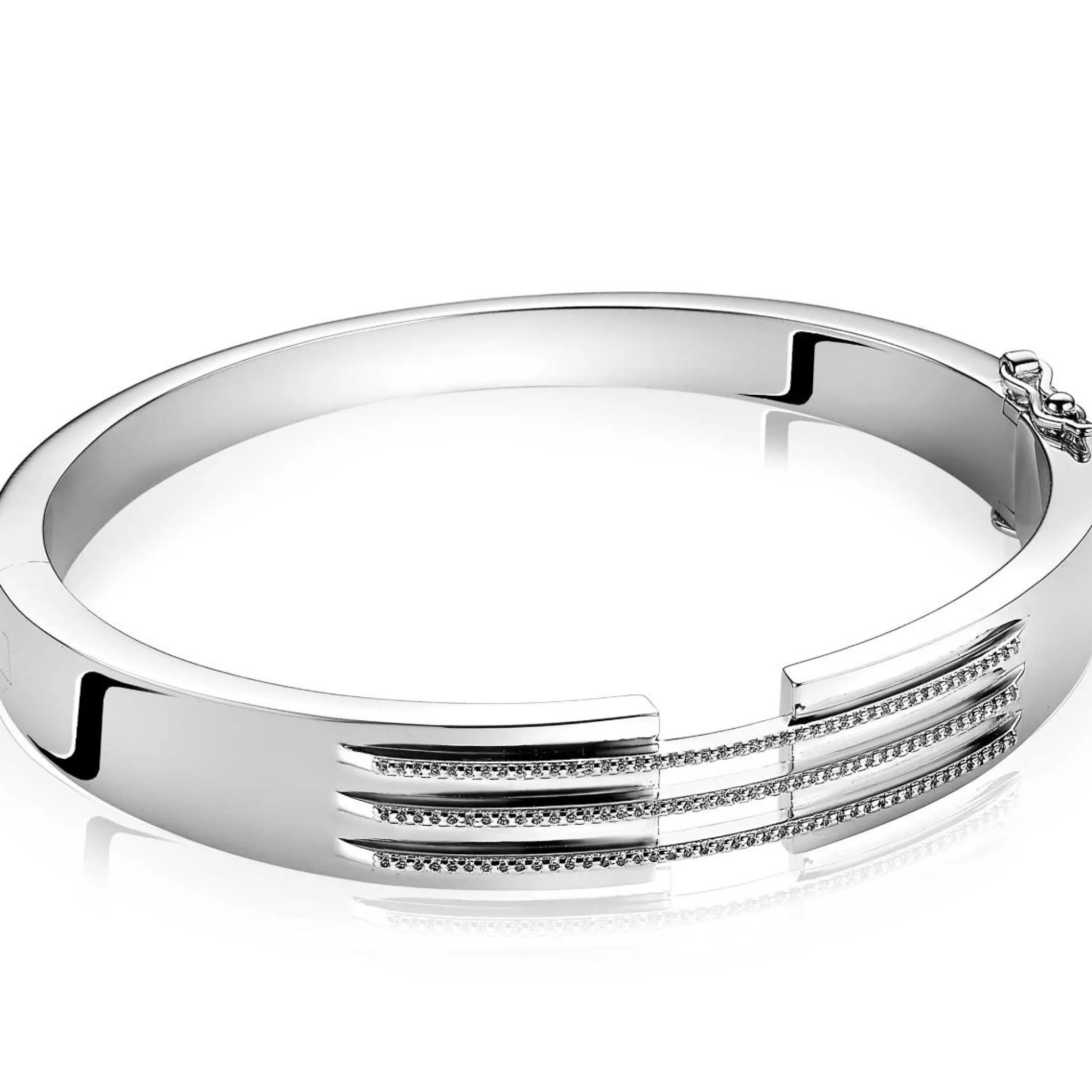 Online Zinzi Mart Visser by zilveren strakke bangle armband 11mm, drie banen bezet met witte zirconia's MVA18