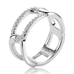 Zinzi Mart Visser by zilveren schakel ring 8mm breed en rechthoekige schakel bezet met witte zirkonia's MVR28
