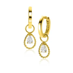Zinzi 14mm Gold 14 krt gouden oorbedels met open druppelvorm en peervormige witte zirconia ZGCH478 (zonder oorringen)