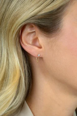 Zinzi 12mm Gold 14 krt gouden oorstekers met ketting en ronde witte zirkonia ZGO552