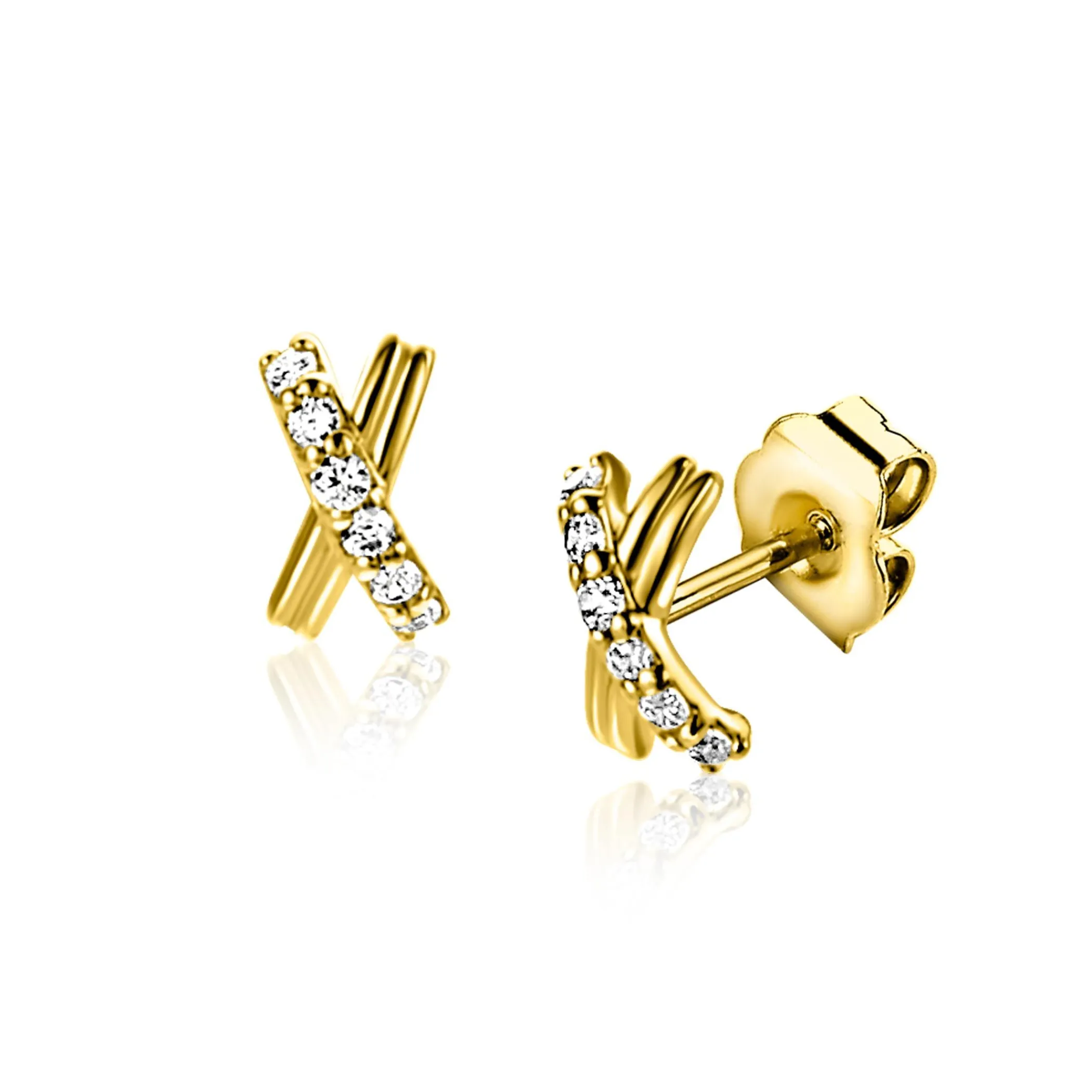 Discount Zinzi 6mm Gold 14 krt gouden oorstekers met X-vorm, bezet met witte zirkonia's ZGO549