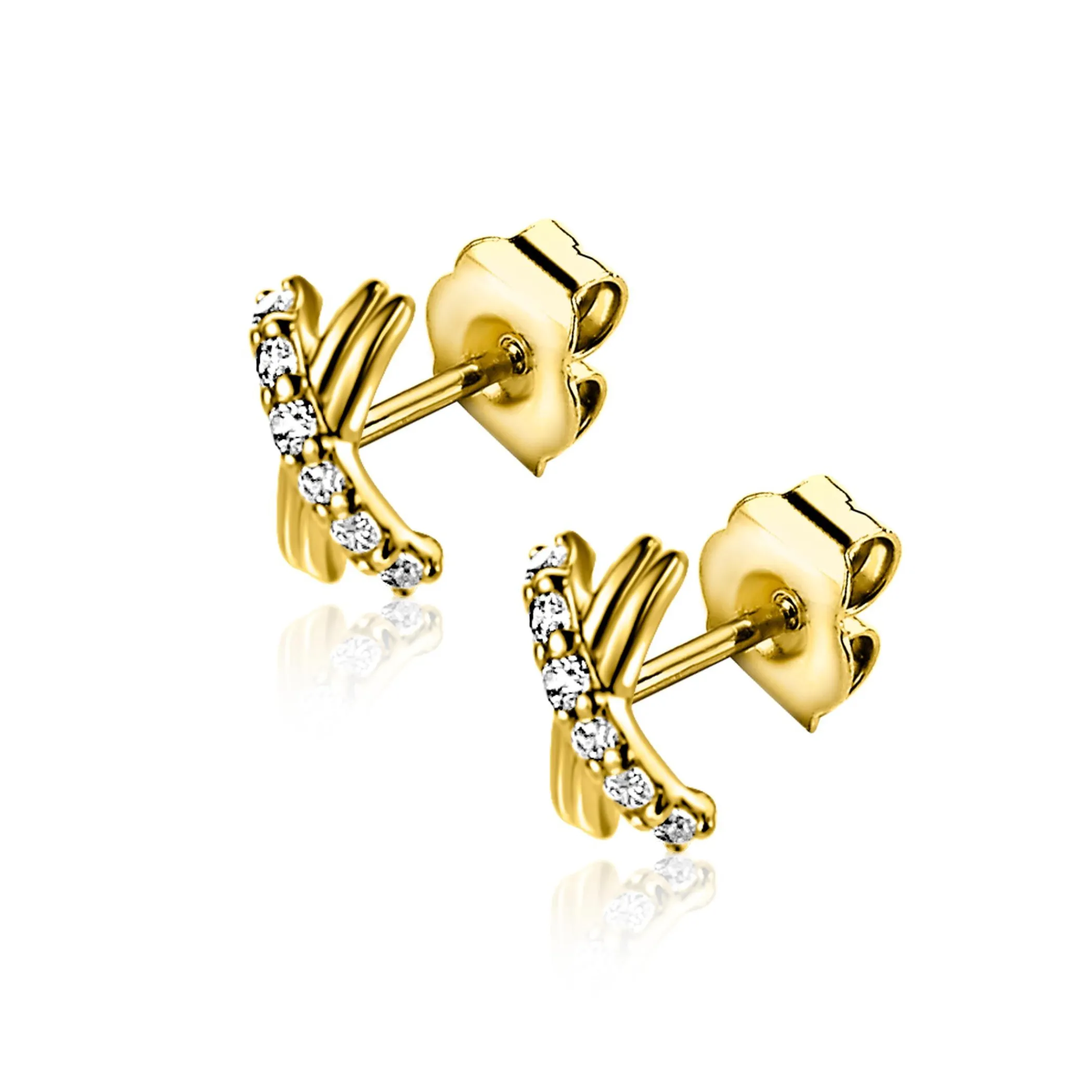 Discount Zinzi 6mm Gold 14 krt gouden oorstekers met X-vorm, bezet met witte zirkonia's ZGO549