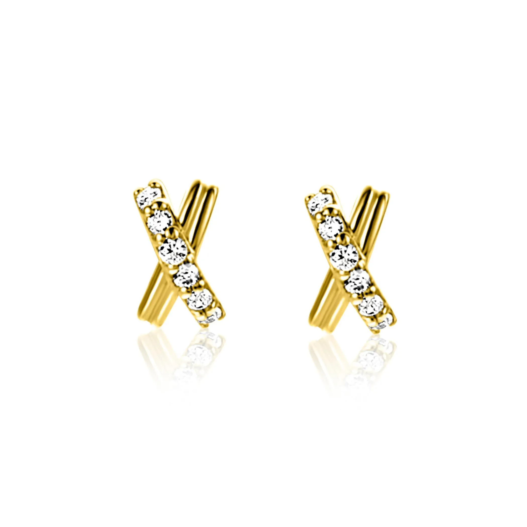 Discount Zinzi 6mm Gold 14 krt gouden oorstekers met X-vorm, bezet met witte zirkonia's ZGO549