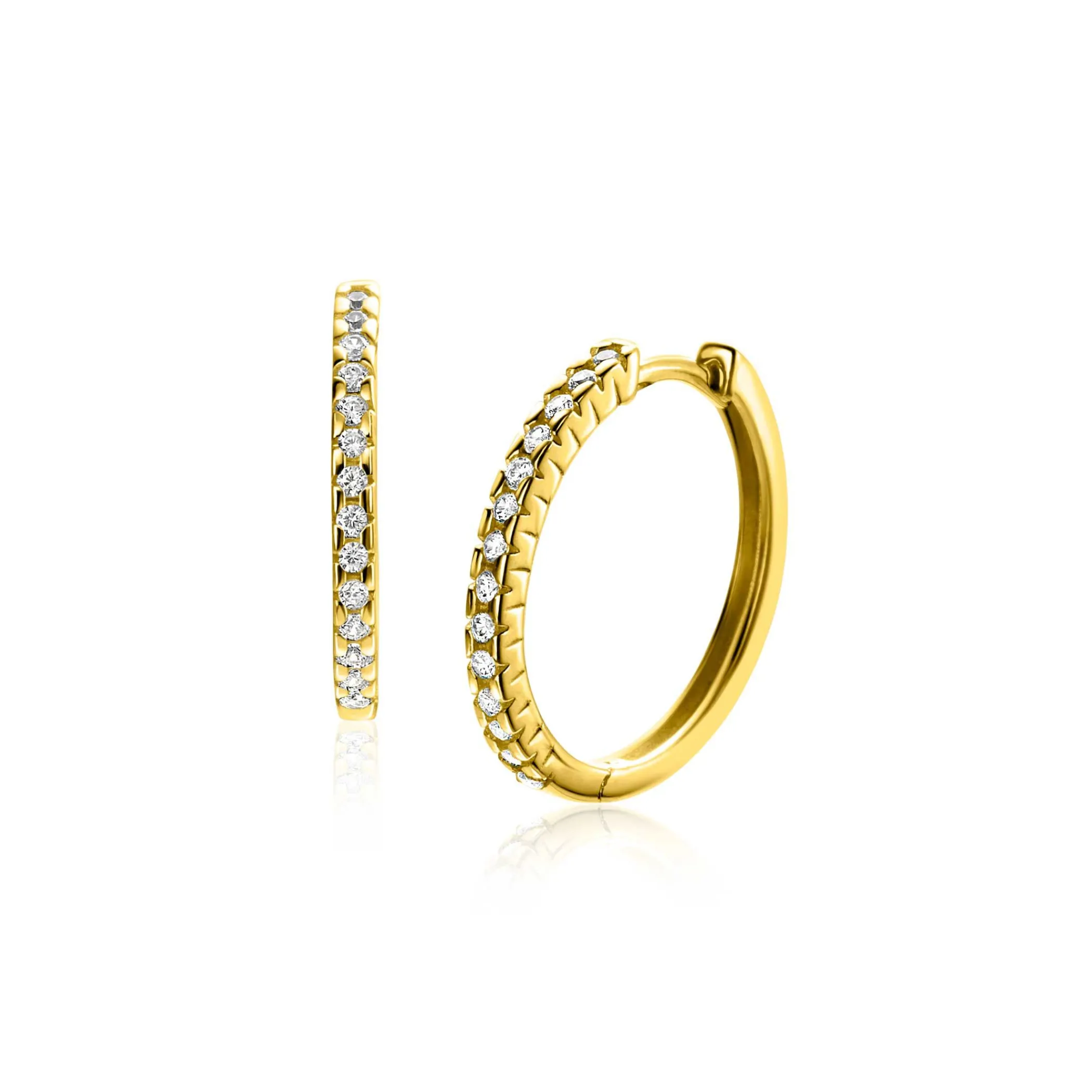 Hot Zinzi 17mm Gold 14 krt gouden oorringen bezet met witte zirconia's met luxe klapsluiting 17mm x 1,7mm vierkante buis ZGO506