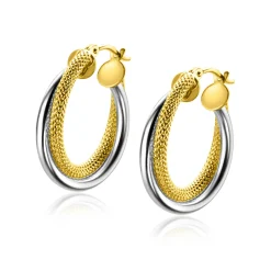 Clearance Zinzi 19mm Gold 14 krt gouden bicolor oorringen waarbij sierlijk twee buizen over elkaar lopen. Voor een mooie multi-look uitstraling. ZGO336