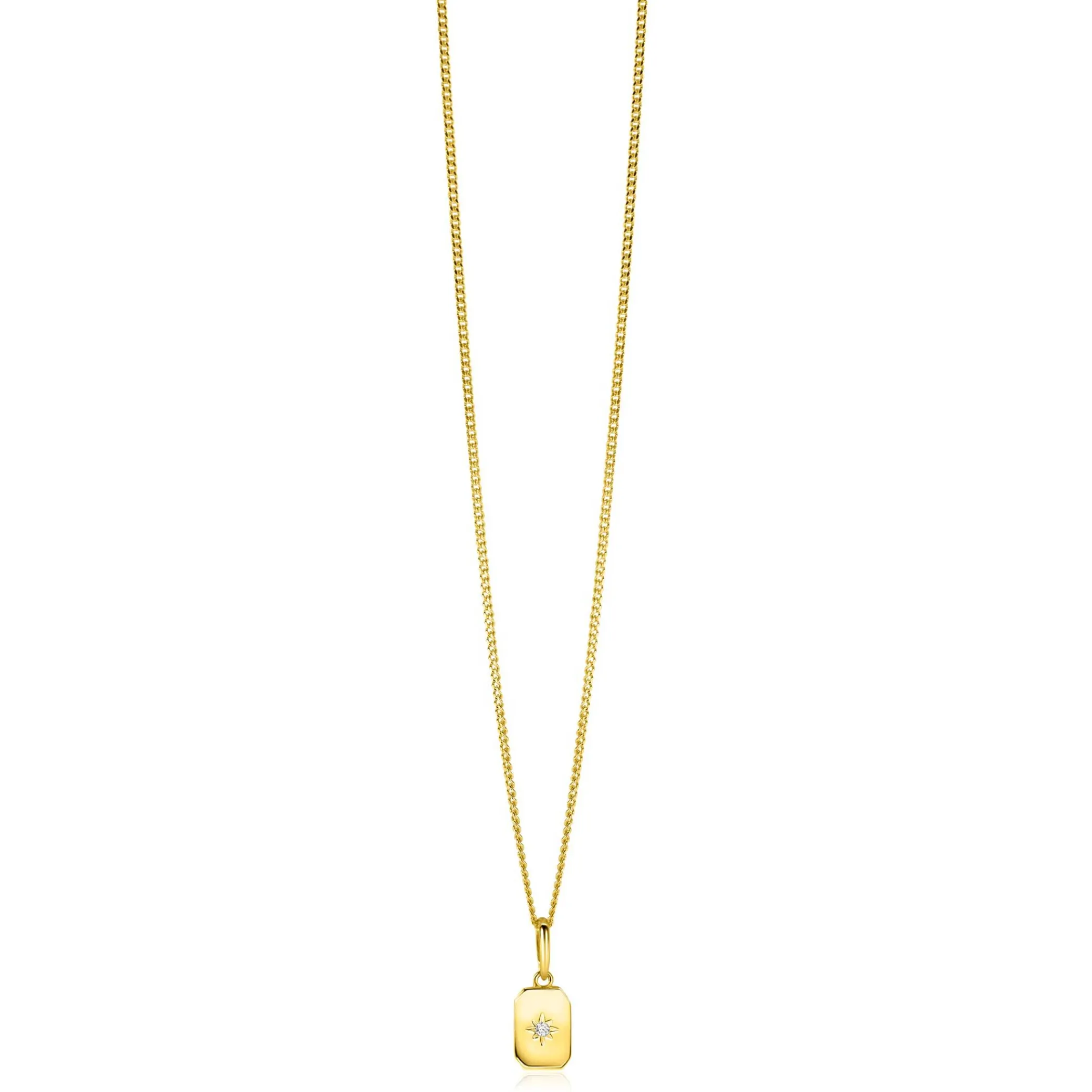 New Zinzi 14mm Gold 14 krt gouden hanger met rechthoekig plaatje en sterzetting witte zirkonia ZGH510 (zonder collier)