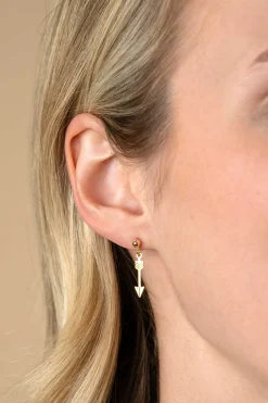 Discount Zinzi 21mm Gold 14 krt gouden oorstekers met trendy bungelende pijl ZGO383