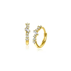 Outlet Zinzi 13mm Gold 14 krt gouden oorringen met rechthoekige baguette geslepen zirkonia en zes ronde witte zirkonia's, met luxe klapsluiting 13 x 2mm ZGO528