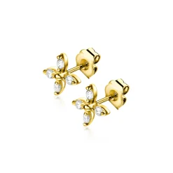 Discount Zinzi 5mm Gold 14 krt gouden fantasie oorknoppen in bloemvorm, bezet met vier ronde witte zirkonia's ZGO519