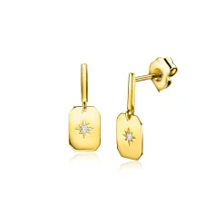 Zinzi 15mm Gold 14 krt gouden oorknoppen met rechthoekig plaatje en bezet met witte zirkonia in een sterzetting ZGO510