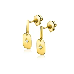 Zinzi 15mm Gold 14 krt gouden oorknoppen met rechthoekig plaatje en bezet met witte zirkonia in een sterzetting ZGO510