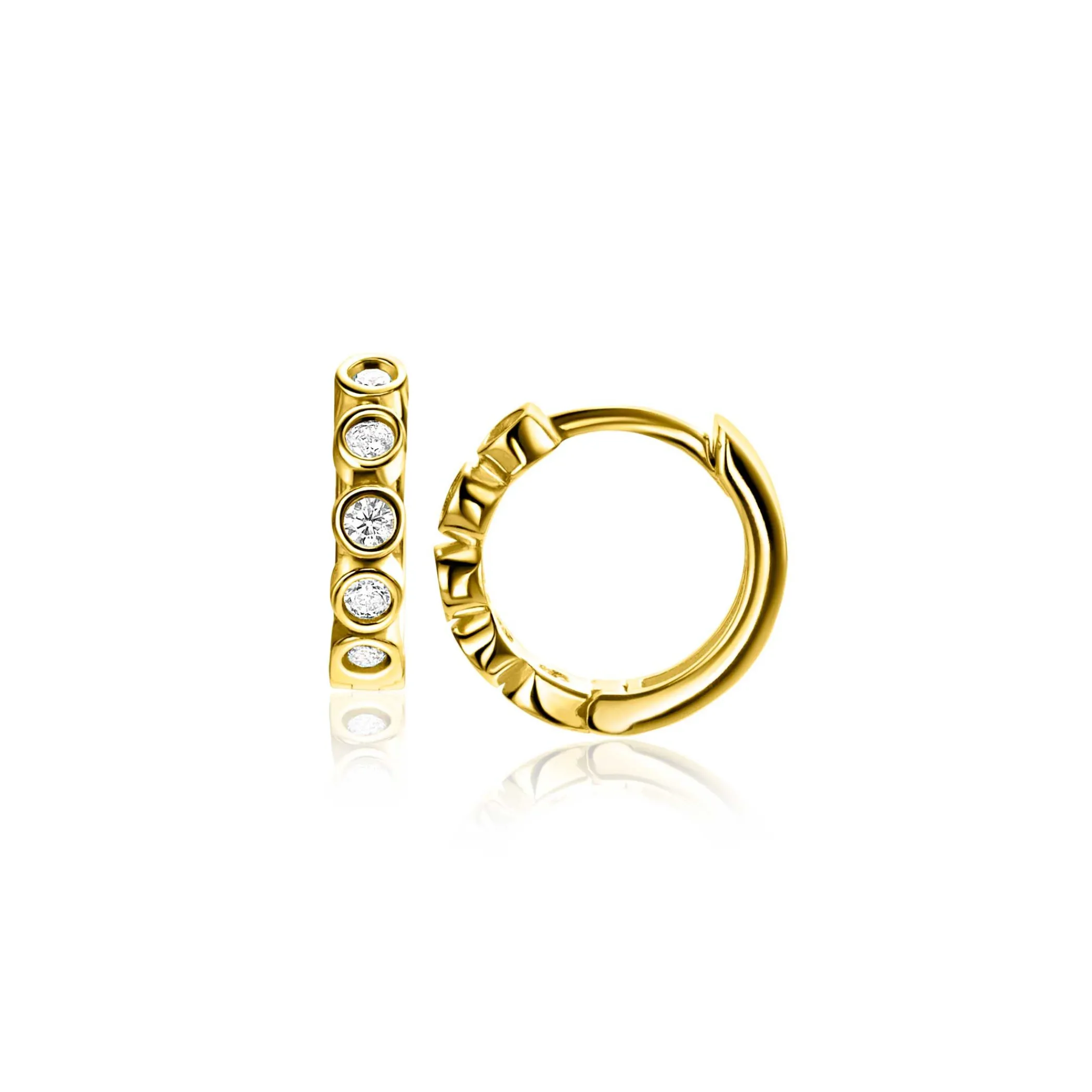Clearance Zinzi 13mm Gold 14 krt gouden oorringen met ronde zettingen bezet met witte zirconia's, luxe klapsluiting 13mm x 2,7mm buis ZGO507