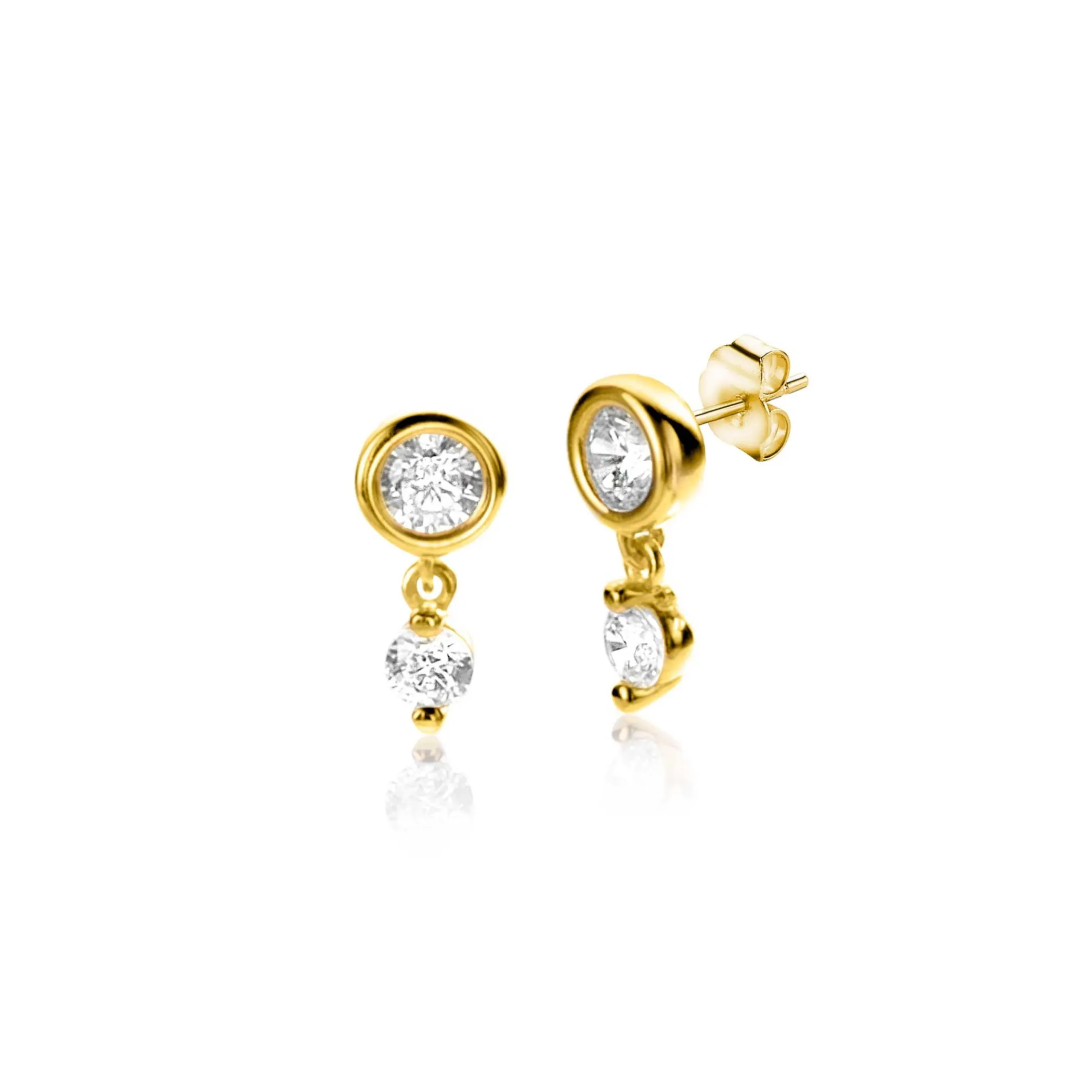 Discount Zinzi 9mm Gold 14 krt gouden ronde oorstekers met bungelend een kleinere witte zirconia ZGO371