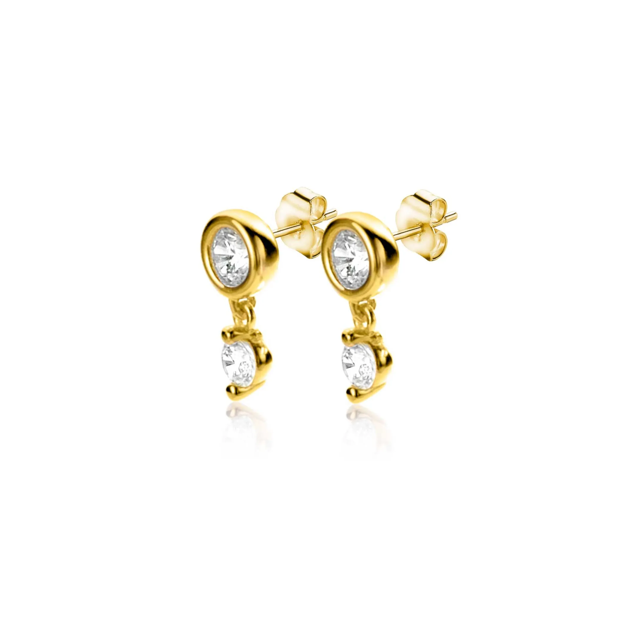 Discount Zinzi 9mm Gold 14 krt gouden ronde oorstekers met bungelend een kleinere witte zirconia ZGO371