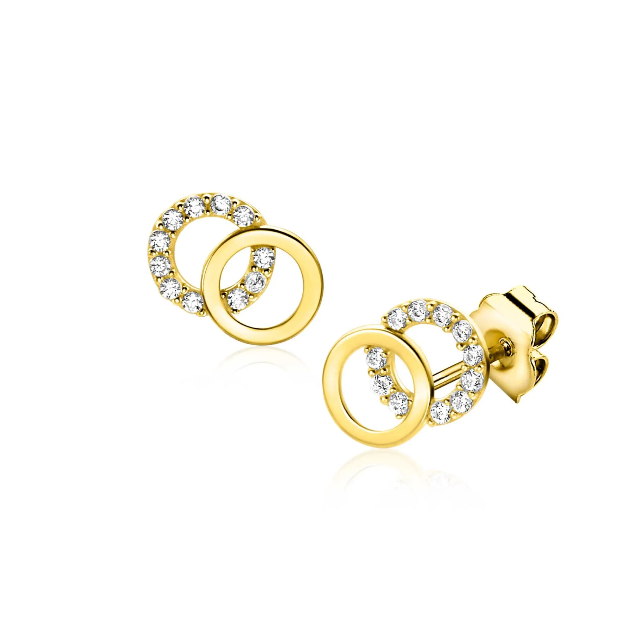 New Zinzi 9mm Gold 14 krt gouden oorknoppen open rondjes, glad en bezet met witte zirconia's ZGO466