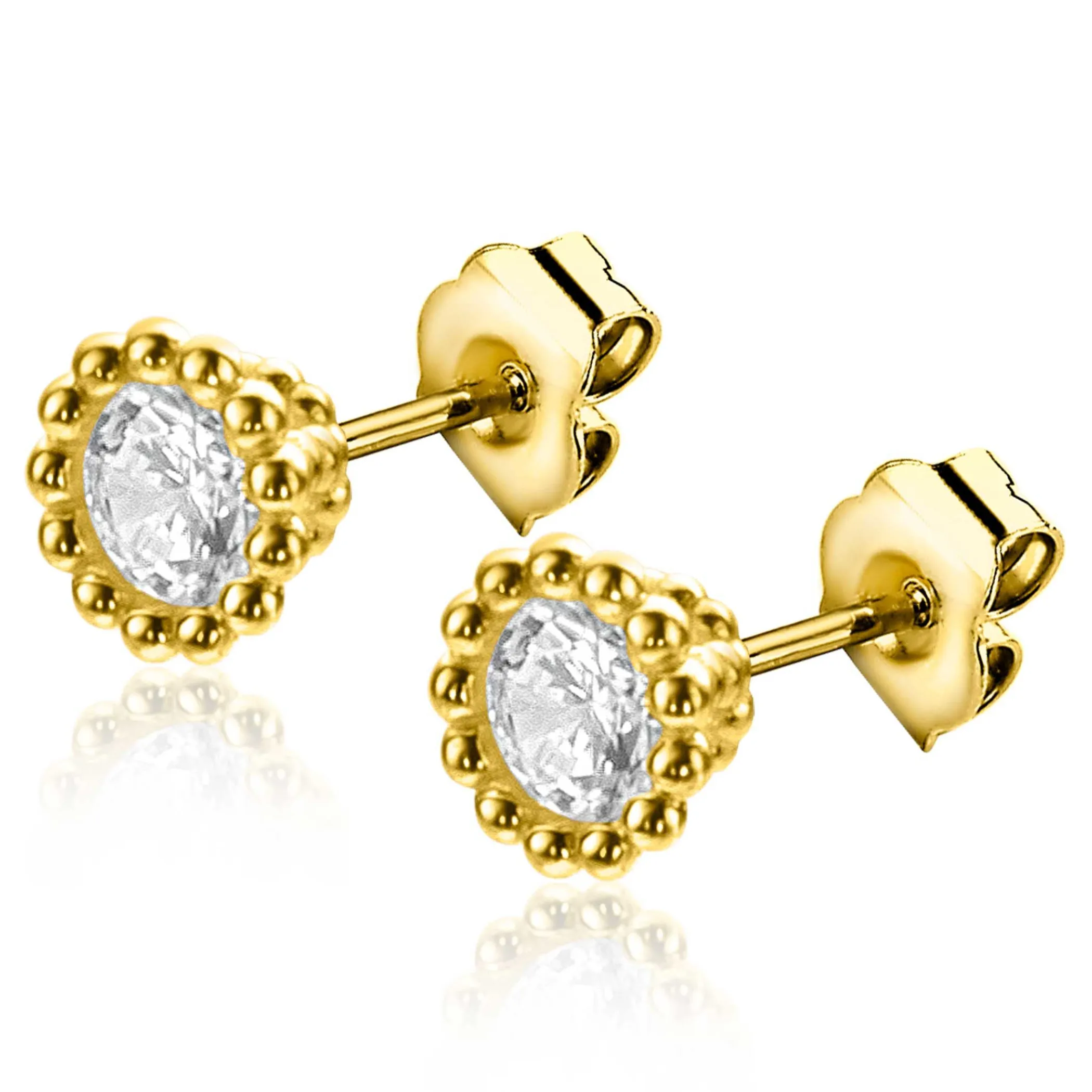 Outlet Zinzi 4,5mm Gold 14 krt gouden oorknoppen bezet met witte zirconia in een bolletjes zetting ZGO319