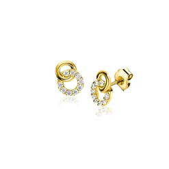 New Zinzi 6,5mm Gold 14 krt gouden oorstekers verbonden open rondjes, glad en bezet met witte zirconia's ZGO471