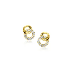 New Zinzi 6,5mm Gold 14 krt gouden oorstekers verbonden open rondjes, glad en bezet met witte zirconia's ZGO471