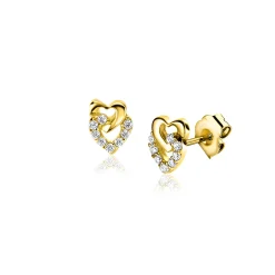 Online Zinzi 6mm Gold 14 krt gouden oorstekers verbonden open hartjes, glad en bezet met witte zirconia's ZGO472