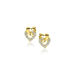Online Zinzi 6mm Gold 14 krt gouden oorstekers verbonden open hartjes, glad en bezet met witte zirconia's ZGO472