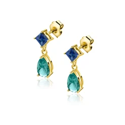 Zinzi 17,5mm gold plated zilveren oorstekers turquoise peer en blauwe ruitvorm ZIO2745