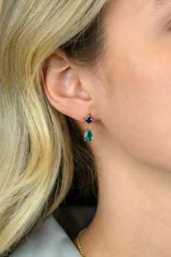 Zinzi 17,5mm gold plated zilveren oorstekers turquoise peer en blauwe ruitvorm ZIO2745