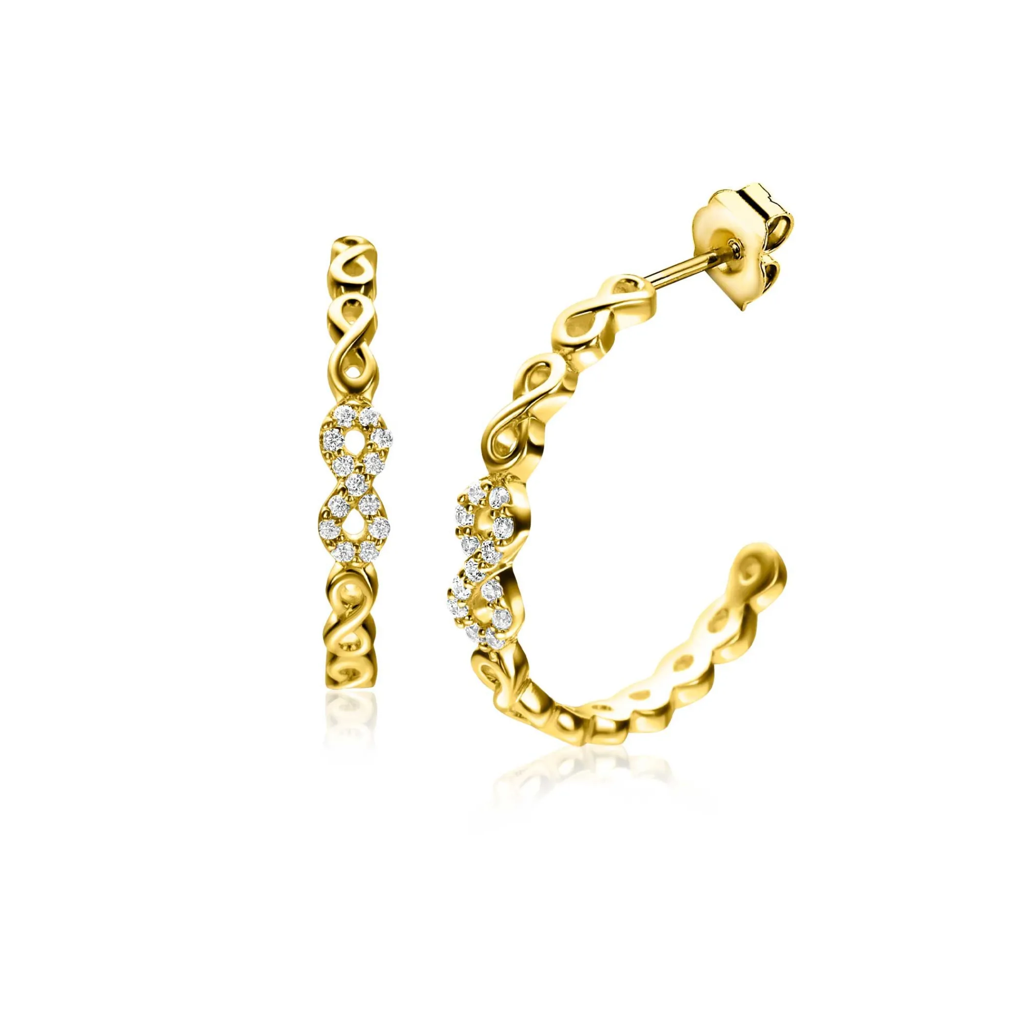 Outlet Zinzi 21mm gold plated zilveren oorstekers half rond gezet met Infinity schakels, 3mm breed ZIO2591