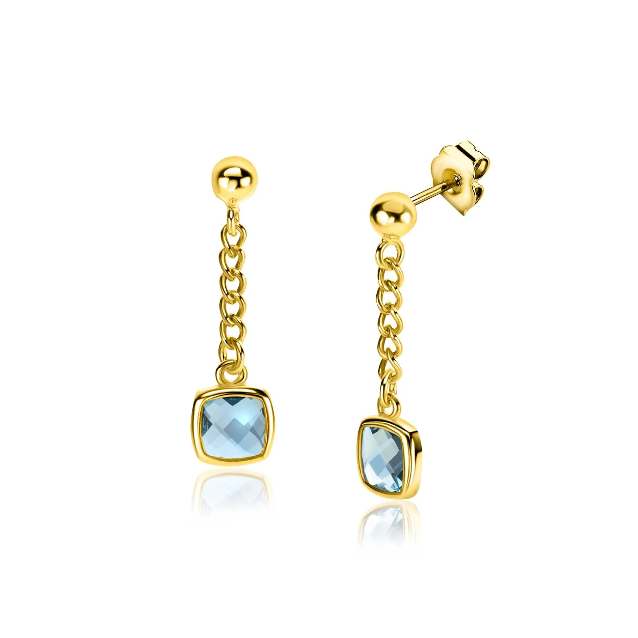 Hot Zinzi 25mm gold plated zilveren oorstekers met gourmet kettinkje en vierkante zetting bezet met indigo blauwe kleursteen ZIO2417G
