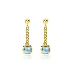 Hot Zinzi 25mm gold plated zilveren oorstekers met gourmet kettinkje en vierkante zetting bezet met indigo blauwe kleursteen ZIO2417G