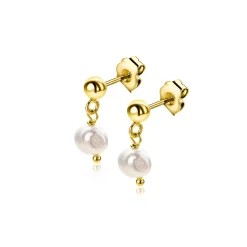 Online Zinzi 15mm gold plated zilveren oorstekers met bungelend witte zoetwaterparel 6mm in organische vorm ZIO2643