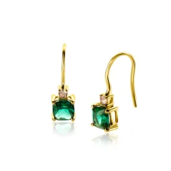 New Zinzi 19mm gold plated zilveren oorhangers met vierpootszettingen diepgroene en champagne kleurstenen ZIO2562H