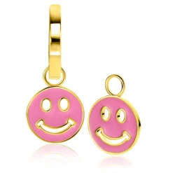 Online Zinzi 15mm gold plated zilveren ronde smiley oorbedels, bezet met trendy roze emaille ZICH2312R (zonder oorringen)