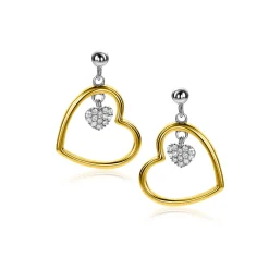 Clearance Zinzi 20mm gold plated zilveren oorstekers open hart 15mm en bungelend hartje bezet met witte zirconia's ZIO2621