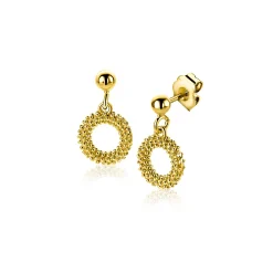 Clearance Zinzi 14mm gold plated zilveren oorstekers met open rondje van 8,5mm voorzien van een bolstructuur ZIO2704G