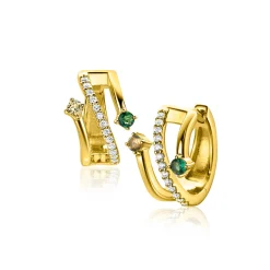 Clearance Zinzi 16mm gold plated zilveren multi-look oorringen met 3 rijen, bezet met groene kleurstenen en witte zirconia's 10mm breed met luxe klapsluiting ZIO2646G