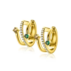 Clearance Zinzi 16mm gold plated zilveren multi-look oorringen met 3 rijen, bezet met groene kleurstenen en witte zirconia's 10mm breed met luxe klapsluiting ZIO2646G