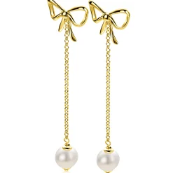 Clearance Zinzi 60mm gold plated zilveren strik oorstekers met jasseron kettinkje en zoetwaterparel ZIO2677