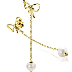 Clearance Zinzi 60mm gold plated zilveren strik oorstekers met jasseron kettinkje en zoetwaterparel ZIO2677