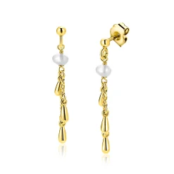 Sale Zinzi 37mm gold plated zilveren oorstekers met druppels en witte zoetwaterparels ZIO2753