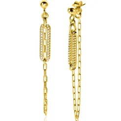 Outlet Zinzi 60mm gold plated zilveren oorstekers met paperclip ketting en open ovale vorm bezet met witte zirconia's ZIO2538