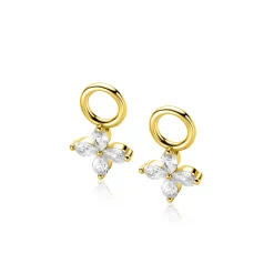 Discount Zinzi 13mm gold plated zilveren oorbedels met bloem bezet met 4 druppelvormige zirconia's ZICH2624 (zonder oorringen)