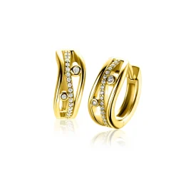 Zinzi 16mm gold plated zilveren multi-look oorringen in golvend design, bezet met witte zirkonia's en luxe klapsluiting ZIO2685