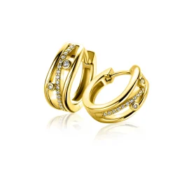 Zinzi 16mm gold plated zilveren multi-look oorringen in golvend design, bezet met witte zirkonia's en luxe klapsluiting ZIO2685