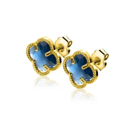 Clearance Zinzi 9mm gold plated zilveren oorstekers in klaver vorm met donkerblauwe kleursteen ZIO2662DB