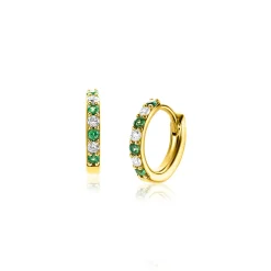 Sale Zinzi 12mm gold plated zilveren oorringen bezet met ronde witte zirconia's en diepgroene kleurstenen 2mm buisdikte met luxe klapsluiting ZIO2557