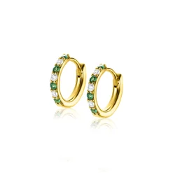 Sale Zinzi 12mm gold plated zilveren oorringen bezet met ronde witte zirconia's en diepgroene kleurstenen 2mm buisdikte met luxe klapsluiting ZIO2557