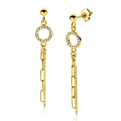 Outlet Zinzi 46mm gold plated zilveren oorstekers met bungelende paperclip en gourmet schakels, bevestigd aan een open rondje bezet met witte zirconia's ZIO2464Y